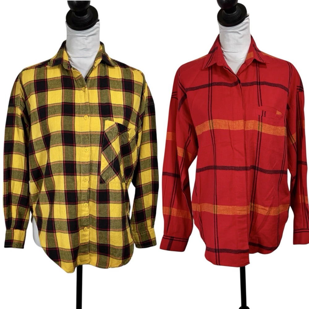 2 Vintage Diane Von Furstenberg Boxy Flannel Plaid Shirts Size S M Buffalo LOT‎